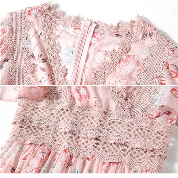 ✨SOLD✨ Lai Meng Five Cats Midi chiffon Dress Pink Flower Floral Elegant V neck - Picture 4 of 10